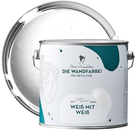 MissPompadour abwaschbare Wandfarbe Weiß mit Weiß 2,5L - hohe Deckkraft & Ergiebigkeit - matte, scheuerbeständige Innenfarbe - geruchsarm, wasserbasiert, atmungsaktiv - Die Nützliche