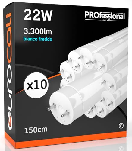 Eurocali 10x Tubo LED T8 22W 150cm Alta Luminosità 3300 lumen Fascio Luminoso 320° - Bianco Freddo 6500K - Sostituzione Neon