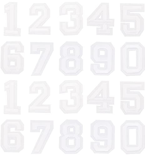 Weenkeey 20 Pezzi Numero Ricamato Appliques Numero Ferro Su Toppe 0-9 Cucire Su Appliques per Vestito Jeans Giacche Cappelli Borse Scarpe - 2 Set Bianco