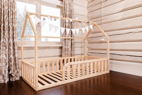 Mandrele - Montessori Bett, Hausbett mit Lattenrost, Rausfallschutz Bett, Bodenbett, Kinderbett, Holzbett mit Bettgestell für Jungen und Mädchen, 200x90cm, Natur Holz