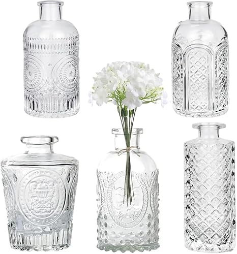 PEPAXON Clear Bud Vase Set Small Vase Mini Glass Vase for Short Flower Single Stem Vases Transparent Wedding Centerpiece Home Decoration Set of 5