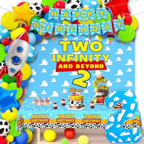 Two Infinity and Beyond Birthday Decorations 2nd Birthday Balloons Arch Garland Kit for Boys Bluey Tablecloth Backdrop for Baby Shower Decorations Toy Kids Party Supplies