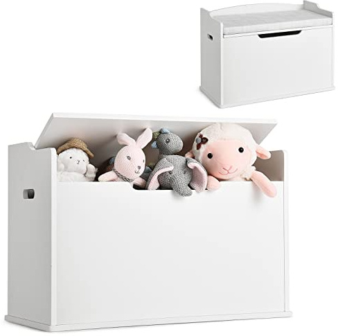 COSTWAY Coffre à Jouets en Bois avec Coussin & Couvercle Rabattable, Banc de Rangement Jouet Enfant avec Poignée Latérale, Charnière de Sécurité, Idéal pour Chambre d’enfant Salle de Jeux Salon