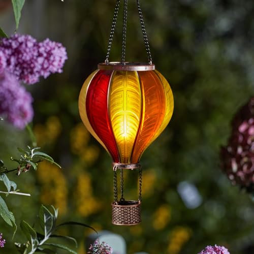 Festive Lights - Lanterna a energia solare da 45 cm, con luce a forma di tramonto e fiesta, realistica, da appendere all'esterno, con LED SMD, a forma di mongolfiera, effetto vetro ambrato, con manico
