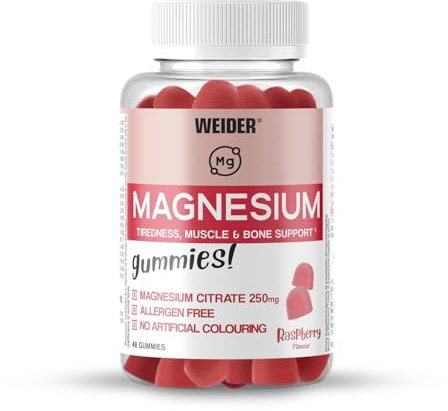 Weider Magnesium Gummies (48 caramelle gommose) Gusto Lampone, con 250mg di Magnesio Citrato/dose, senza glutine, senza allergeni, senza coloranti artificiali, per muscoli, ossa e ridurre la fatica