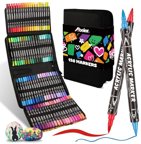 ABEIER 120 Colori Pennarelli Acrilici Doppia Punta, Brush Pen Penne da Colorare ad Acquerello per Adulti Bullet Journal, Lettering, Calligrafia, Colorare e Disegnare