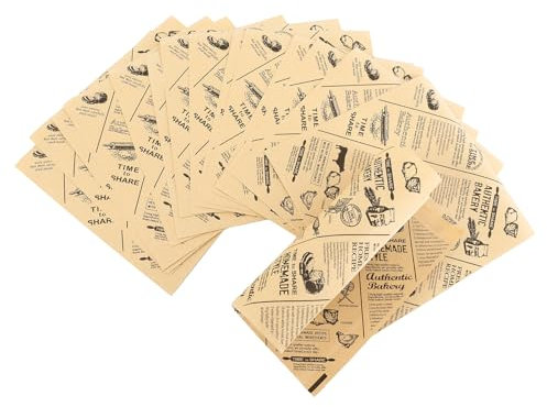 Papel para hamburguesas (75 unidades, resistente a la grasa, 15 x 15 cm, papel de mantequilla, papel de queso, papel para hornear, aspecto de periódico, ideal para hamburguesas, patatas fritas