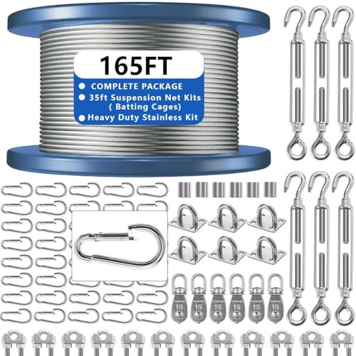 Batting Cage Netting Wire Tension Kit Heavy Duty 35FT Inflatable Batting Cage Cable Kit Net Hanging Kits Batting Cage Frame Kit for Home Backyard Outdoor Baseball and Softball Batting Cage