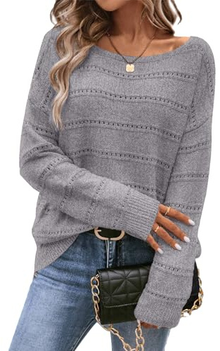 CFLHN Suéter suave de punto de ganchillo para mujer, con cuello barco, manga larga, hueco, Gris, M