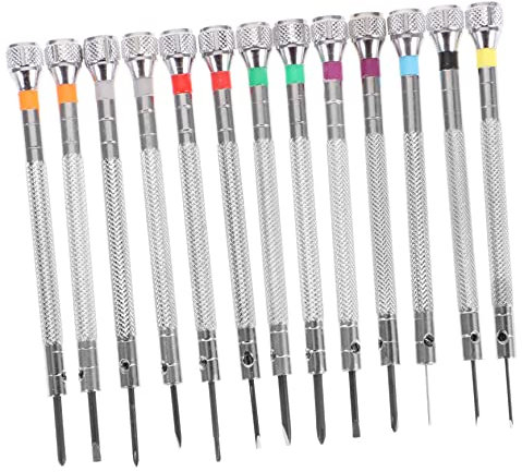 HOMSFOU Juego de 13 destornilladores de relojero para reparación de relojes y gafas, mango ergonómico y antideslizante, kit de herramientas de joyería portátil