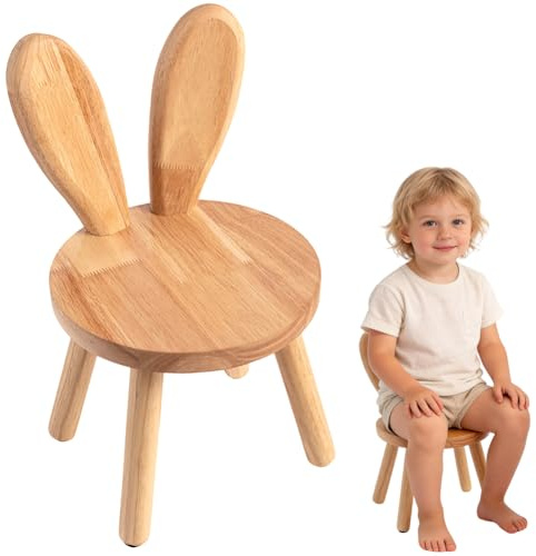LUPATDY Sedie Legno per Bambini Sgabello in Legno Massello, Sedia In Legno Massiccio con Orecchie di Coniglio Carine, Sedia Legno Antiscivolo e Robusto per Mangiare, Leggere e Giocare