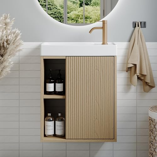 BRIDGE BENO Mobile lavabo sospeso 46 cm salvaspazio con anta a chiusura ammortizzata e ripiani aperti, mobile bagno compatto per spazi piccoli, Golden Sand