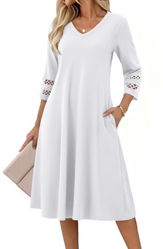 Zeagoo Womens Summer Dress 3/4 Sleeve Dresses V-Neck Elegant Tunic Dress | A-Line Flowy Dresses|Eyelet Mididress|Sundress with Pockets| Solid Color|Loose|Classic|S-XXL