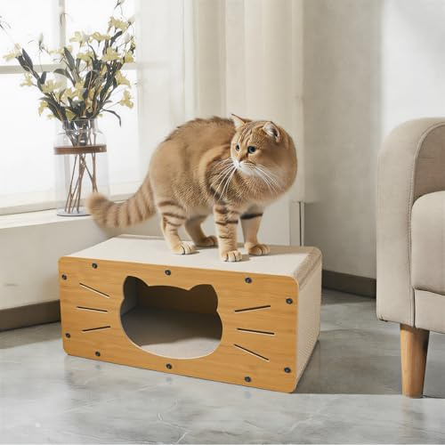 Rascador para Gatos de Cartón, Casa para Gatos Cartón Grande Doble Capa, Resistente y Multifuncional para Rascar, Descansar y Esconderse, Protege los Muebles(C, 48×24×24CM)