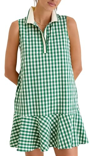 Meyhad Womens Gingham Polo Dress V Neck Sleeveless Ruffled Hem Mini Dresses Plaid Button Front Tennis Dress(1047-Green-XL)