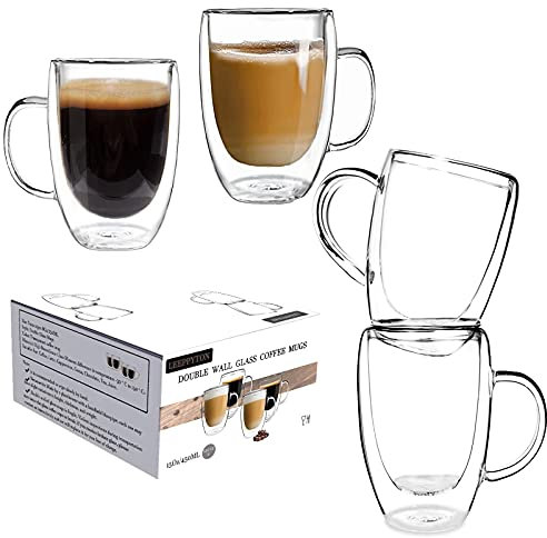 Lot de 4 Tasses à café en verre à double paroi avec anses, tasses isothermes légères, résistant à la chaleur pour cappuccino, latte, thé, (450 ml)