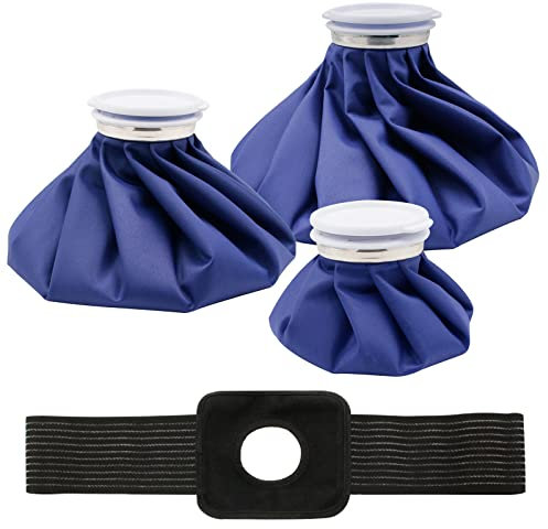 Ice Bag for Injuries, 4-Pack Reusable Ice Cold Pack, Hot & Cold Therapy Packs for Sports Injury and Pain Relief with Elastic Breathable Support Wrap, 3 Sizes (6/9/11) First Aid Ice Packs, Dark Blue
