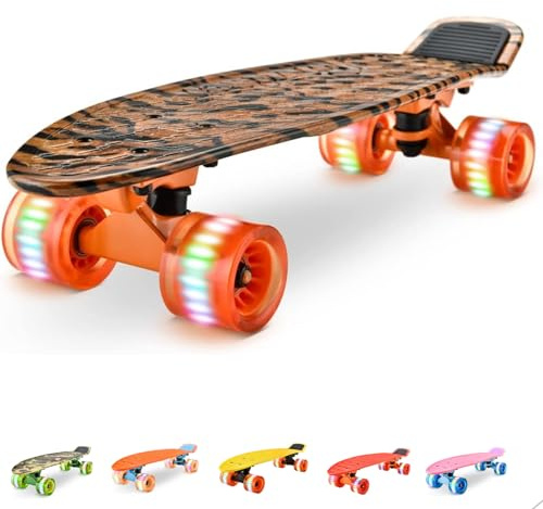 Hurtle Standard Skateboard Mini Cruiser - 6'' PP Deck Complete Double Kick Skate Board w/ 3.25 Aluminum Alloy Truck, PU Wheels w/LED Light - for Kids, Teens, Adults (Tiger), One Size, (HCSK10)