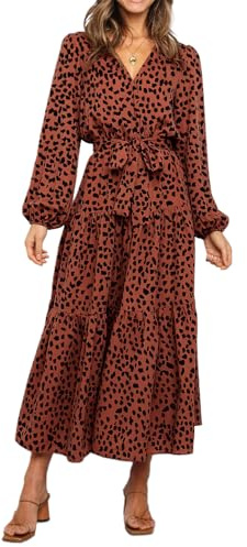 PRETTYGARDEN Womens Long Sleeve Spring Floral Wrap V Neck Ruffle Tiered Maxi Dress Casual Tie Waist Boho Flowy Long Dress(Brown Red,Large)