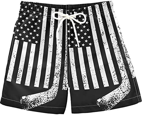 Aflyko 4th of July Boys' Board Shorts Stars Stripes Hockey Stick Toddler Swim Trunk Girls Beach Swimwear M