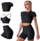 IMEKIS Damen 3 tlg Fitness Set Sport-BH mit Crop-Top und Shorts Nahtlose Yoga Kleidung Fitness Workout Outfit Frauen Slim Fit Sommer Biker Activewear Laufanzug Schwarz S
