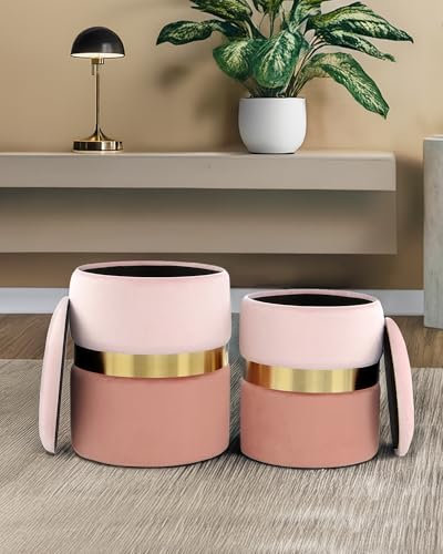 Qiyano Evelyn 2er Set Hocker mit Stauraum Rosa, Sitzhocker mit Integrierten Aufbewahrungsboxen, Vielseitig für Wohnzimmer, Schlafzimmer, Garderobe