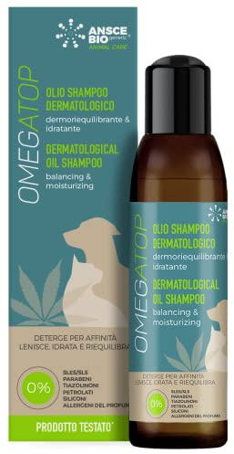 OMEGATOP Shampoo per Dermatite e Prurito Cane. Per Pelle Secca e Sensibile. Detergente Delicato, Idratante e Lenitivo per Cute e Pelo. Igiene e Benessere, Uso Frequente. 200 ml