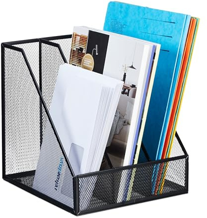 Relaxdays Magazine File, A4, 3 Compartments, Mesh Design, 26 x 24 x 26 cm, Office Storage, Document Holder, Metal, Black