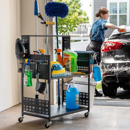 Carrito de limpieza grande con ruedas, carrito rodante de 3 niveles, carro de detalles de automóviles, camión, SUV, barco, RV, soporte para pulidor, 37 x 17 x 26 pulgadas, acero sólido soporta 250