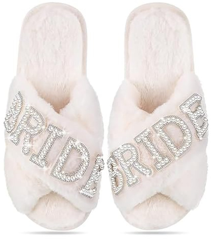 KEYUSHOP Bride Slippers for Wedding - Soft White Women's Wedding Shoes - Fuzzy Cross Band Open Toe Bridal Shower Party Bridesmaid Slippers