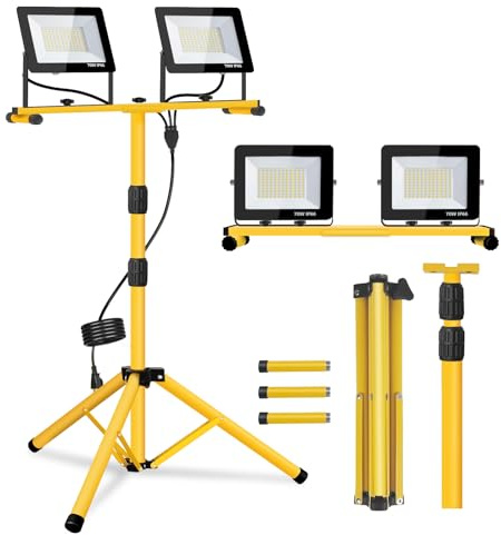 Work Lights with Stand, 14000 Lumen, 2 Adjustable Heads LED Work Lights, with Adjustable and Foldable Tripod Stand, Waterproof Lamp with Individual Switch with 6500 Kelvin Color Temperature (2-Heads)