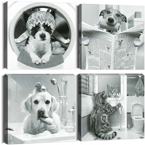 Artscope 4 piezas cuadros en lienzo con bonito perro gato diseño impresión artística – Moderno mural para cuarto de baño salón decoración de pared – 30 x 30 cm
