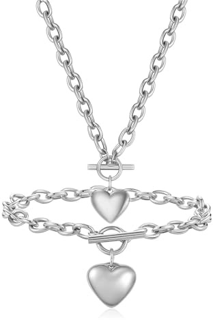 TTPSRY hjärthänge smyckesset länkkedja halsband armband kombination rostfritt stål silverton växla lås damtillbehör, 2ps, Titan