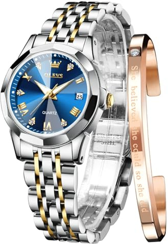 OLEVS Watches for Women Diamond Roman Numerals Easy Read Ladies Watches Silver Dress Day Analogue Two Tone Stainless Steel Designer Waterproof Female Wrist Watch