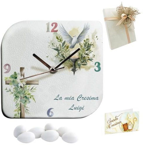 Doni Bomboniere Comunione 1 pz Orologio in Ecopelle con Stampa Croce e Colomba con Fiori Simboli Sacri Cresima Bambino Bambina Personalizzabile Artigianale Idee Moderno (MOD. 05-22 x 22 cm)
