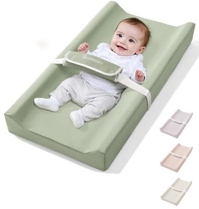 COMOMY Vegan Leather Baby Changing Mat with Waterproof and Soft PU Cover, Anti-Roll and Anti-Slip Wedge Changing Pad with Safety Straps, Portable Nappy Change Mat, for Dresser and Table, Green