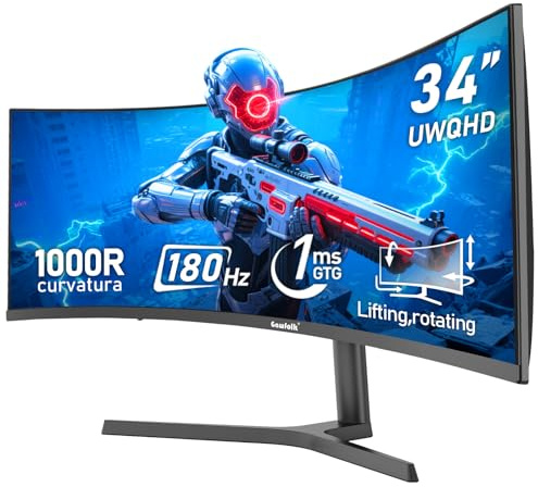Gawfolk 34 Inch Ultrawide Curved 180Hz Gaming Computer Monitor 1000R PC screen 21:9 UWQHD (3440x1440) ,1ms,100%sRGB,Adaptive Sync,HDMI、Display Port,Liftable Stand,Wall Mount Compatible 75*75mm-Black
