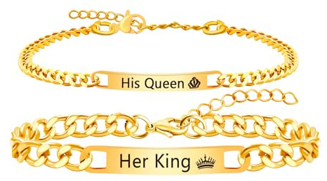 Uloveido Gold Color Stainless Steel Couple Bracelets His Queen Her King Engraved Adjustable Bracelets for Long Distance Relationships Anniversary Romantic Gifts