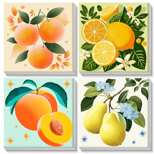 KEYIFA 4 Pack Paint by Numbers Kits for Adults Beginners, Fruit Paint by Numbers Framed on Canvas，DIY Fruit Craft Art Painting Kits for Children，Oil Painting Kits Home Wall Decor 8x8Inch