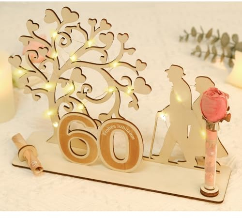 ARTREE Regalo in legno per 60 anni di matrimonio – Decorazione per matrimonio con diamante con albero di cuore & LED – Idea regalo per 60° anniversario di matrimonio