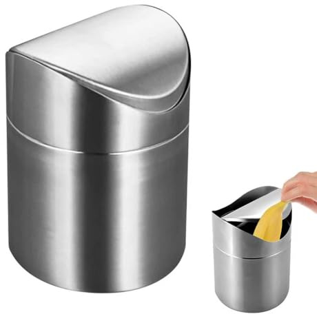 Cubo de Basura de Mesa, 2L Mini Cubo de Basura de Acero Inoxidable con Tapa, Papelera Baño Pequeña Bote de Reciclar de Abatible para Escritorio, Oficina, Baño, Cocina, Dormitorio (Plata, 12×12×16cm)