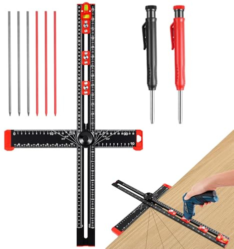 Flintronic 4-i-1 borrpositioneringslinjal, 60 cm skala markeringsmätningsverktyg T fyrkantig träbearbetningslinjal, exakt borrverktyg för träbearbetning, skribritning, skåphårdvara jigigg (svart)
