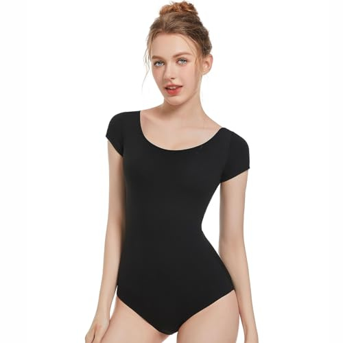 Spoxiyue Short Sleeve Leotard for ballet， Black Bodysuit Ballerina Dancewear Women's Team Basic Gymnastics Gym Wear (Black Short, M)