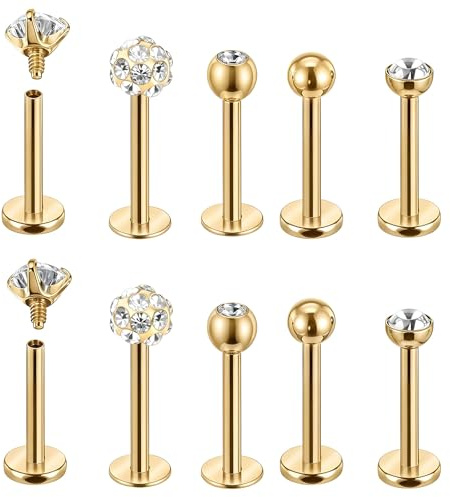 Telooco 5 Pairs Labret Piercing Jewellery 16G Stainless Steel Lip Bar Tragus Stud Cubic Zirconia Flat Back Earrings Internally Threaded Labret Studs Cartilage Earrings Helix Piercing Jewellery, Gold