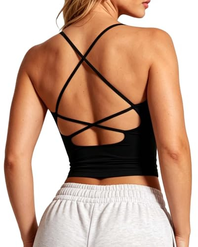 TZLDN Women Criss Cross Back Tank Top Removable Padded Sports Bra for Gym | 4 Way Stretch Opaque Quick Dry Mild Compression Silky Vest Light Medium Bust Support Wear for Pilate Yoga Casual Outfits