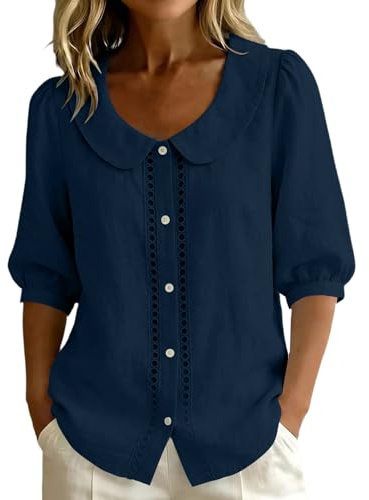 Chemise Lin Manches Courtes Femme Chemisiers et Blouses Femme Col Rond Chemise Léger Couleur Unie Tee Shirt Été Ample Casual Haut Top Lâche Respirant Shirt Vêtements de Plage Vacances