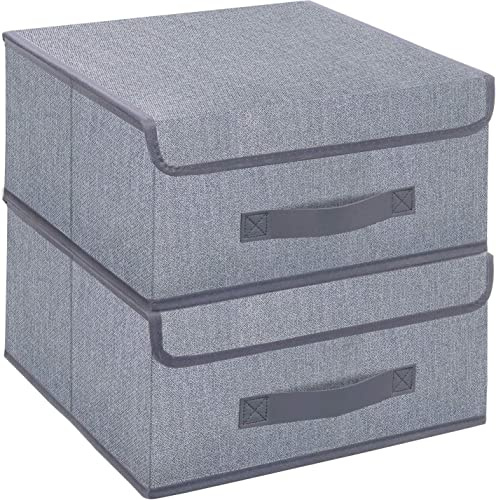 Onlyeasy Foldable Storage Bins Cubes Boxes with Lid - Storage Box Cube Cubby Basket Closet Organizer Pack of 2 with Leather Handles for Closet Bedroom, 13 x 13, Linen-like Grey, MXDLB2P