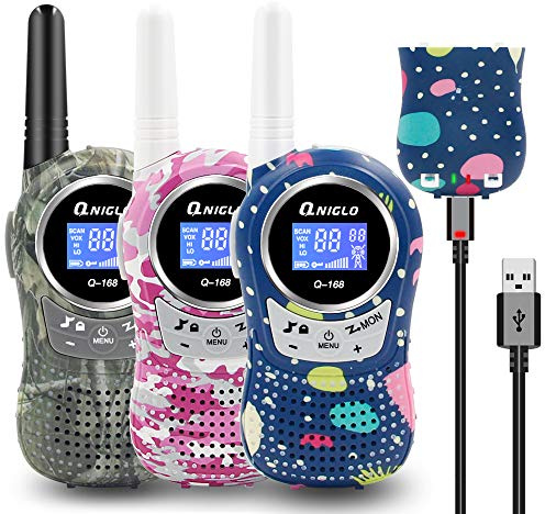 QNIGLO Rechargeable Walkie Talkies 3 Pack, 8 Channels PMR Two Way Radio Toys, Kids Walkie Talkies with Rechargeable Battery, 2 Miles Long Range for Hiking, Camping, Outdoor Adventures