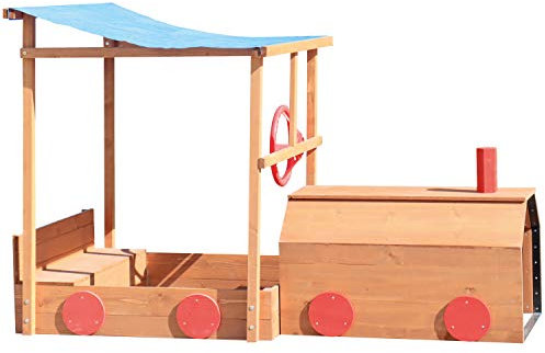 Big Game Hunters Wooden Sandbox - Choo Choo Train Sandpit with Canopy Shade Roof, Bench Seats, Toy Storage, and Protective Cover - Outdoor Children's Sand Pit for Garden Fun