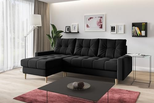 MKS MEBLE Ecksofa L-Form Sofa Mit Schlaffunktion - Schwarz - Wohnlandschaft - Ausklappbar Bettsofa - Wohnzimmer L Couch - Polstersofa mit Bettkasten Scandi
